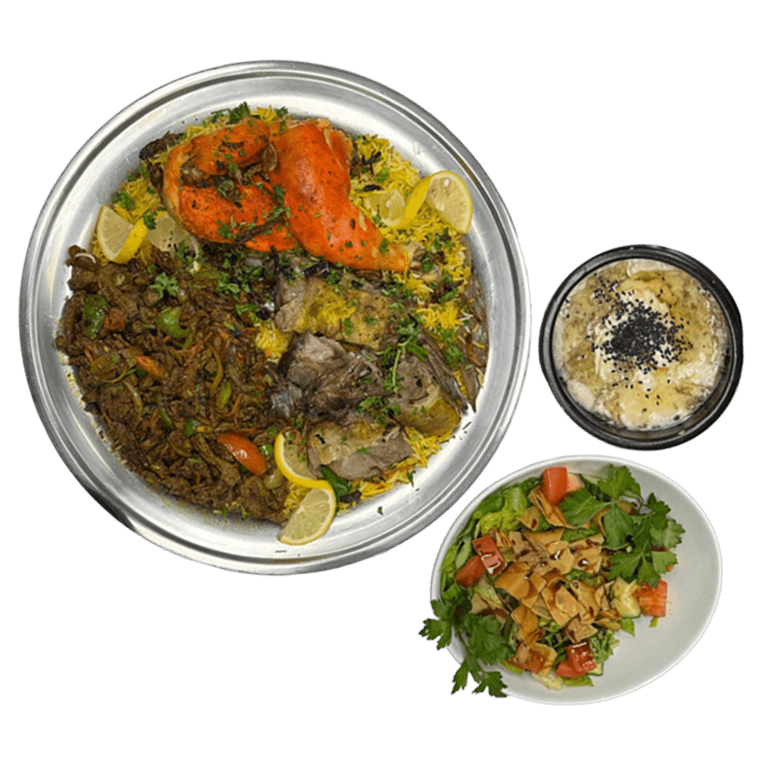 Family Platter 1 .. Lamb Mandy....half Chicken Mandi.....laham Soghar-- Masoub , Fattoush Salad